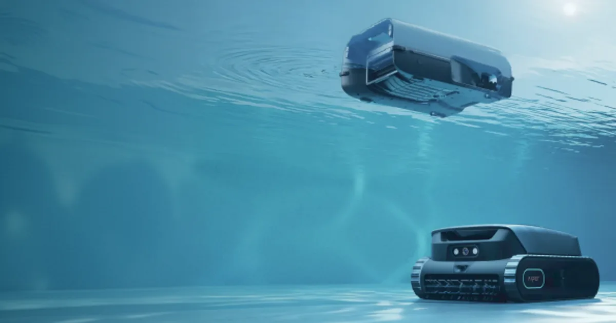 Aiper EcoSurfer S2 skimmer on the water surface and a Scuba robotic pool cleaner on the pool floor