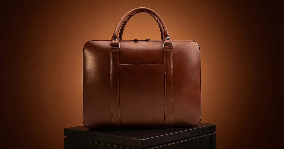 Lunburg Opus leather briefcase in brown full-grain leather on a dark wooden stand