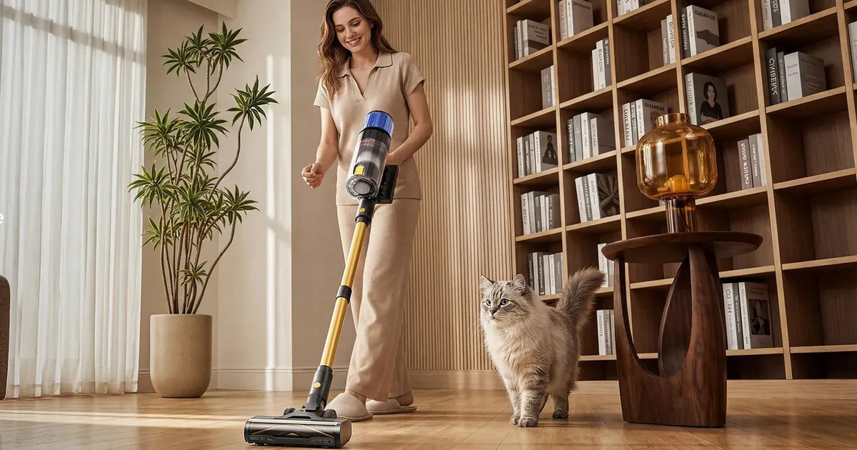 Woman cleaning a wooden floor with a Proscenic P15 cordless vacuum while a cat watches